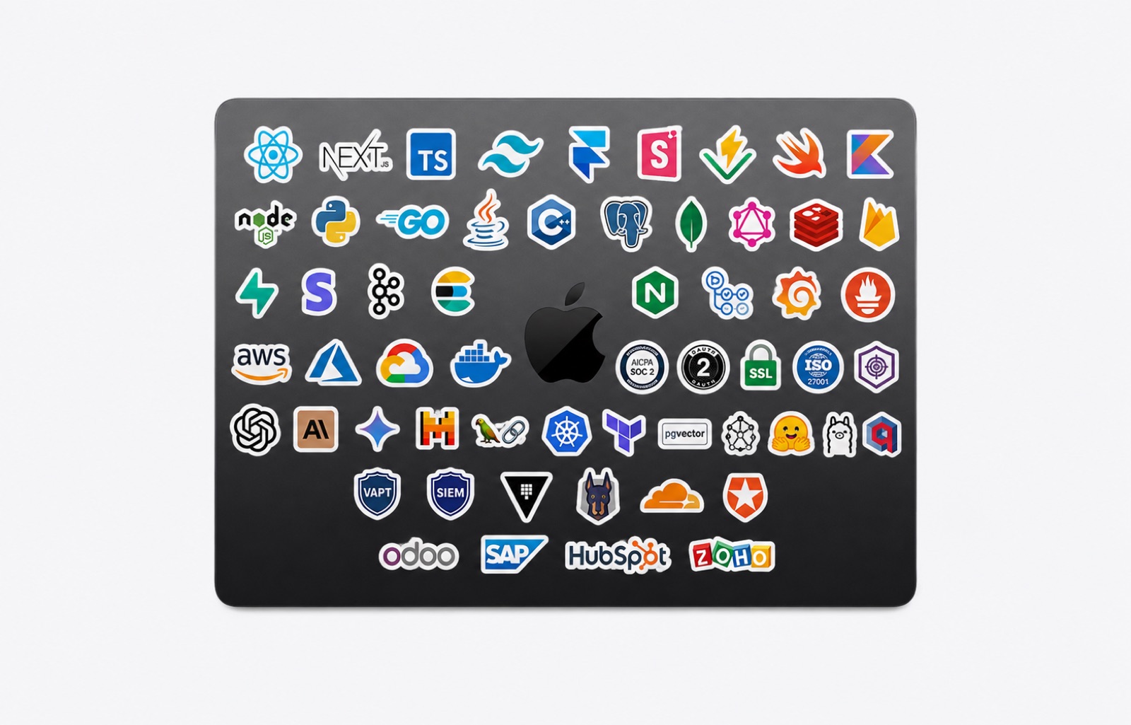 A laptop covered in stickers for every technology in the StackOne stack